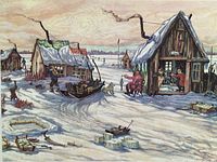 Close view of lithograph showing winter ice shanty scene with people and fishing gear.