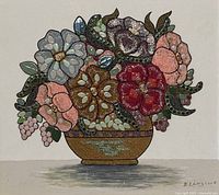 Close-up view of the mixed media floral artwork showing ceramic and rock materials used as flowers in a bowl-shaped arrangement, signed by B. Langlois.