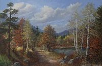 Close-up of the oil landscape painting showing autumn trees, a river, mountains in the background, and a dirt path.