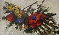 Detail view of sunflowers, poppies and physalis
