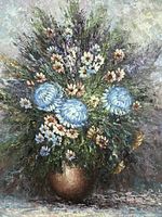 Close-up front image of the unsigned oil painting featuring large blue roses and smaller flowers in a vase with textured background.