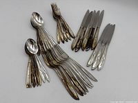 Overall group shot showing all knives, forks, large spoons, teaspoons.