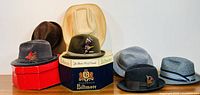 Nine vintage men's hats displayed on two boxes and table, showing variety of materials, styles, and feather decorations.