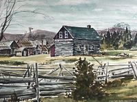 Close-up image of watercolour landscape showing wooden house, fence, and background trees and hills. Signature 'bob mann' visible.