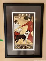 Full view of framed and matted dog show print with three dogs and a woman, circa 1915 Chicago Kennel Club event.