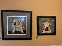 Two framed bulldog prints on a beige wall, one larger and one smaller, side by side.