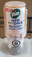 Front view of Vim refill eco pack container showing brand, volume (70ml), and labeling about concentration and use.