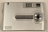Front view showing model number DSC-334S and 3.0 Mega Pixels label on silver Centrios digital camera.