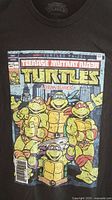Front graphic print of the T-shirt showing the four Teenage Mutant Ninja Turtles in classic comic style with bright colors.