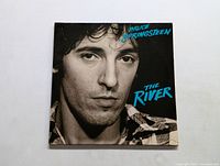 Front album cover sleeve of Bruce Springsteen's The River featuring black and white close-up portrait with blue text.