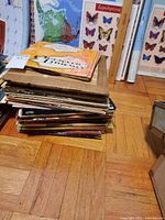 Stack of vinyl LP record sleeves showing various covers and titles, including colorful butterfly chart and maps in the background
