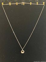 Full length view of the silver plated chain with the round charm against a black background.