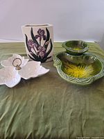 All three pieces: green chip & dip, white leaf dish, iris vase
