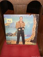 Front cover of the vinyl album showing Elton John in a tiger-striped jacket standing outdoors by a tree.