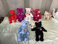 Full set of 7 TY Beanie Babies displayed on a table with tags attached, showing variety of colors and styles.