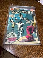 Front cover of vintage Wonder Woman comic book showing character Diana Prince in red costume observing a villain with dogs. Stored in plastic sleeve, some edge wear visible.