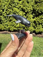 Photo of small dark soapstone whale sculpture held in hand outdoors with greenery background, showing side view with whale facing right.
