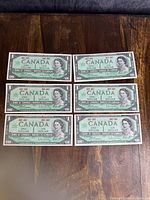 Six uncirculated Canadian $1 bank notes showing the front side with Queen Elizabeth II.