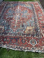 Full view of entire rug laid on grass showing central medallion and border