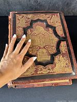 Top view of the Bible cover showing detailed gold embossed biblical imagery and gold leaf within black embossed medallions, hand provides scale.