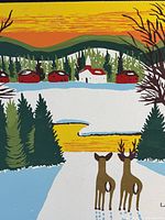 Close-up of central scene showing two deer walking toward snow-covered landscape with distant houses