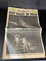 Full front page of the newspaper showing headline 'Man Walks on Moon' and a photo of astronaut on the moon.