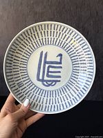 Full view of the white porcelain plate with dark blue symbolic design and concentric linear patterns.