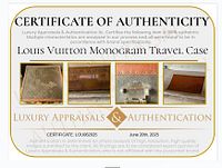 Certificate of authenticity for Louis Vuitton Monogram Travel Case, certificate No. LOU062025 dated June 20th, 2025