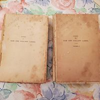 Front covers of both volumes of the antique books showing age spotting and title pages without covers.