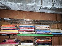 Photo of multiple craft and textile related books stacked on metal shelving unit.