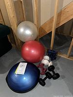 Photo shows three exercise balls (silver, red, blue), pairs of dumbbells in black, pink, and white, and a set of blue ankle weights.