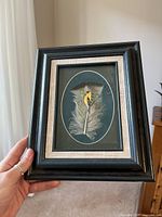 Framed original feather painting held in hand showing overall size and frame style