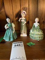 Photo of all three Royal Doulton figurines together on shelf.