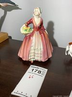 Front angle of Royal Doulton figurine Janet holding a basket of yellow roses, showing pink dress and detailed design.