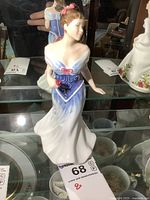 Front view of the Royal Doulton figurine 'For You' in a white dress with blue corset and pink bow, showing detailed facial features and dress design.
