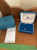 Necklace displayed in open Birks box alongside paperwork and outer box