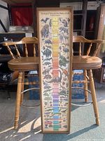Full view of the framed geological time chart standing between two wooden chairs, showing overall size and vertical layout with colorful prehistoric animal illustrations and geological time scale.