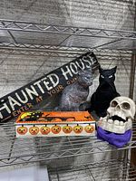 Shelved Halloween décor including two squishy cat figures, wooden 'Haunted House' sign, skull decoration with purple cloth, and a box of pumpkin string lights.