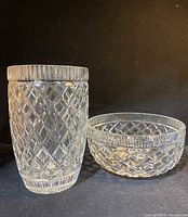 Side view of the Waterford crystal vase and bowl showing diamond cut patterns and dimensions