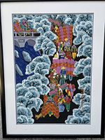 Close-up of the acrylic Chinese painting showing colorful traditional figures and stylized trees.