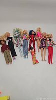 Photo showing 10 dolls laid out on white background including blond female dolls in varied outfits, a male doll, a doll with colored hair and a wolf-ear doll.