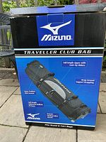 Box of Mizuno Traveller Club Bag showing branding and product features text
