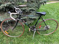 Side profile of the black Supercycle bicycle showing full frame, wheels, tires, handlebars, and seat on grass near a pine tree.