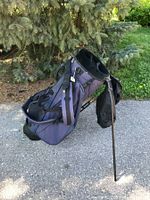 Purple and black stand golf bag leaning on built-in legs outdoors near tree and pavement.
