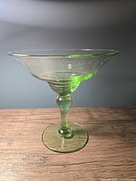 Side view of green crystal compote showing shape and stem detail
