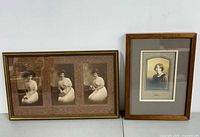 Two framed vintage portrait photos, one with three photos in a horizontal frame and one single portrait in a vertical frame.
