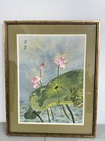 Framed full view of the watercolor art featuring lotus flowers and leaves.