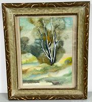 Overall view of the framed painting showing the entire artwork and worn wooden frame.