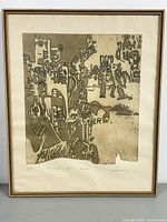 Front view of the framed vintage etching print showing the abstract composition and overall condition.