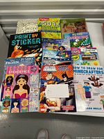 Top-down photo showing full assortment of 16 children's activity and coloring books arranged in a flat layout including Frozen, Justice League, Secret Garden, and others.